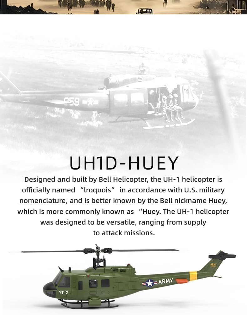 YU Xiang F07 Bell UH-1 Huey RC Helicopter for Adults, 1/34 2.4G 6CH Brushless Direct-Drive 6G Flybarless RC Aircraft Helicopter Model with Optical Flow Positioning, 2 Battery