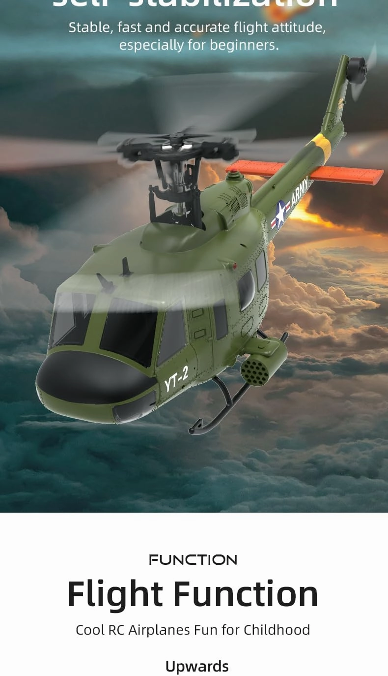YU Xiang F07 Bell UH-1 Huey RC Helicopter for Adults, 1/34 2.4G 6CH Brushless Direct-Drive 6G Flybarless RC Aircraft Helicopter Model with Optical Flow Positioning, 2 Battery