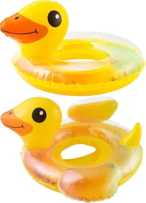 Zainpe Duck Inflatable Pool Float with Glitters & Duck Inflation Swimming Ring with Baby Safety Seat, Summer Outdoor Water Lounge Inflatable Raft Tube Fun Beach Floaties Vinyl Swim Floaty Pool Toy for