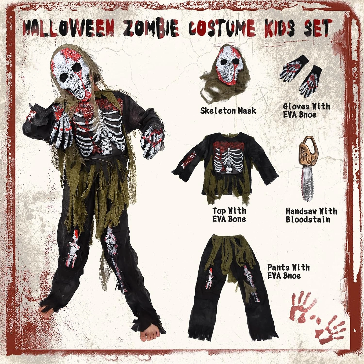 Zombie Costume Kids, Scary Halloween Skeleton Zombie Costume Set Kids Living Dead Zombie Costume With Chainsaw Toys