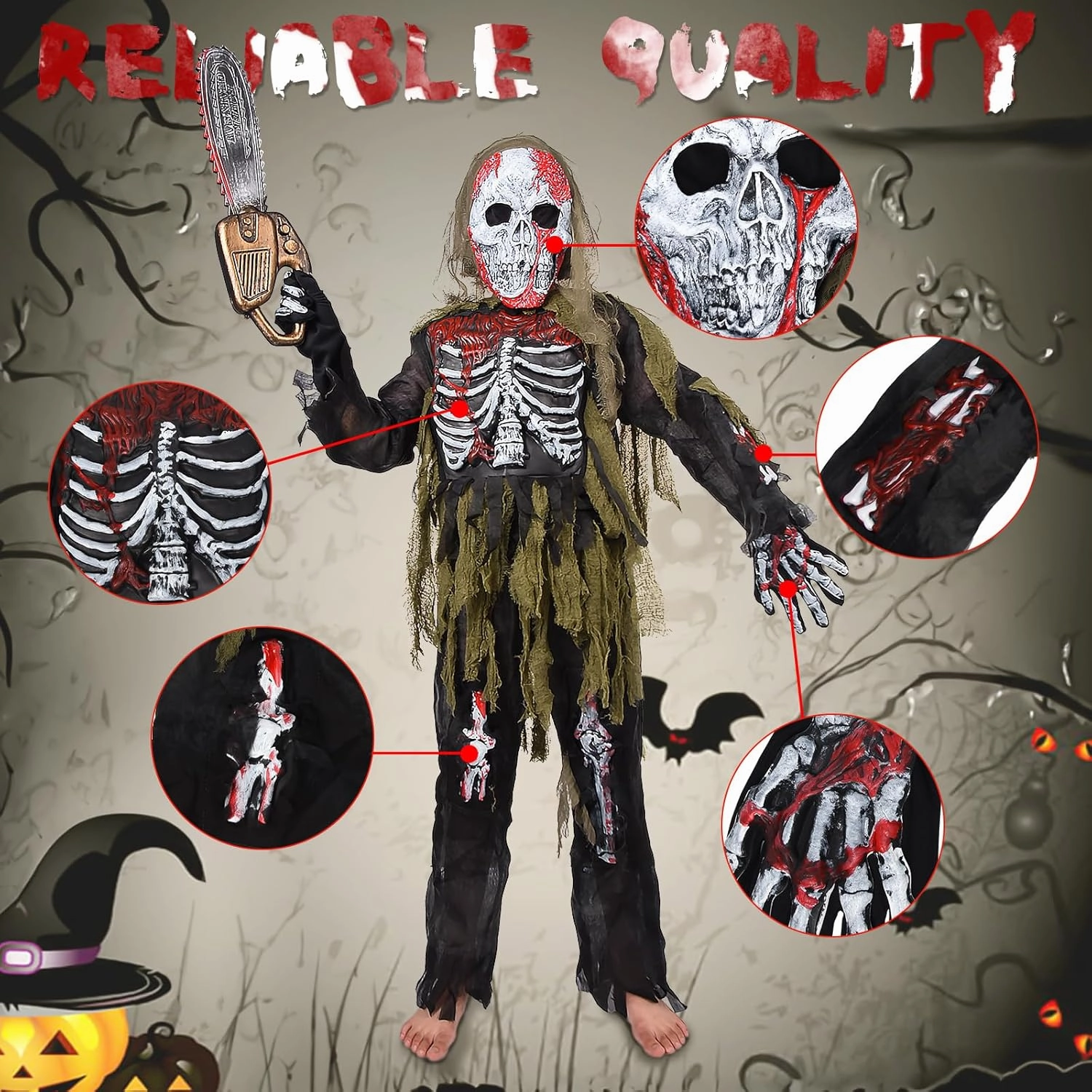 Zombie Costume Kids, Scary Halloween Skeleton Zombie Costume Set Kids Living Dead Zombie Costume With Chainsaw Toys