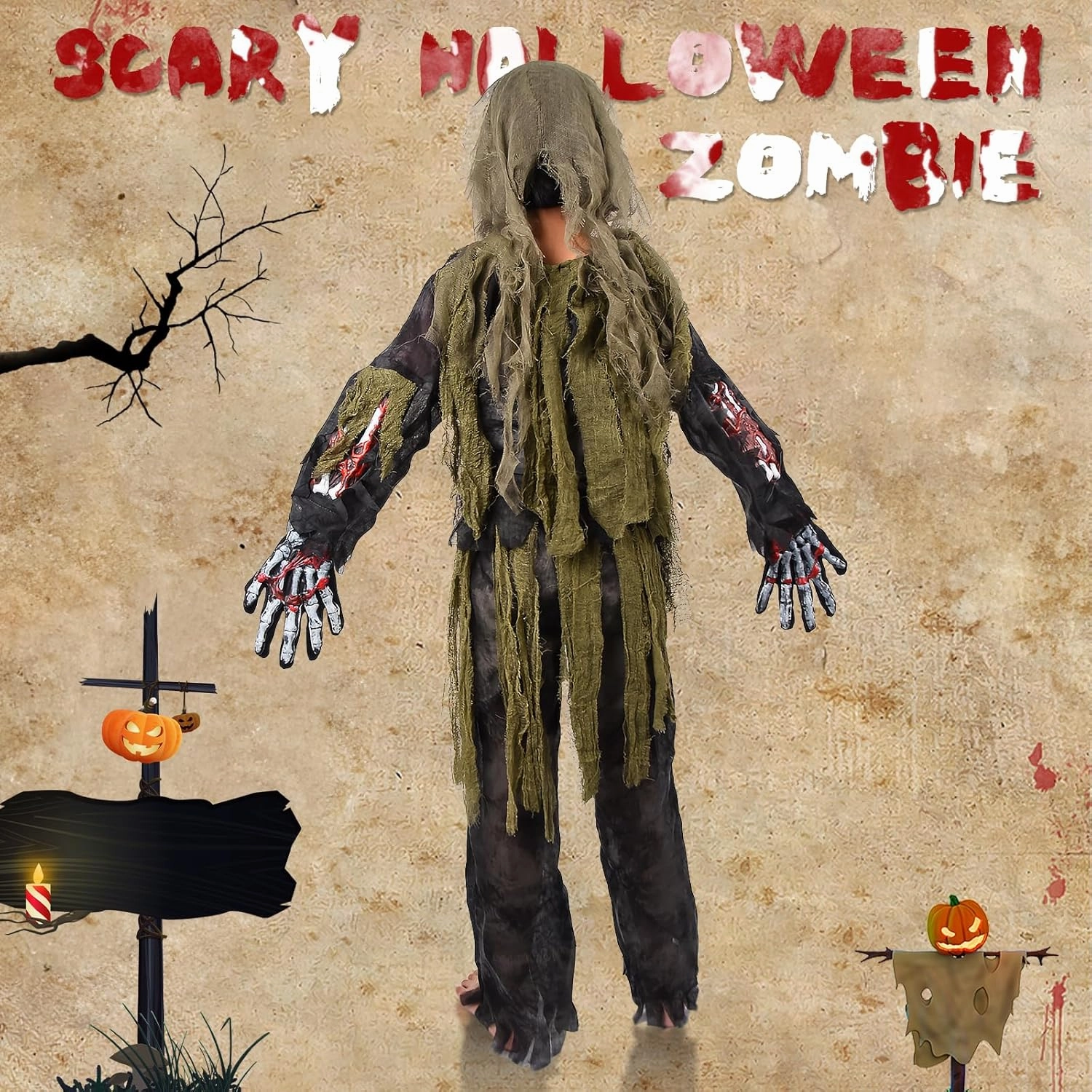 Zombie Costume Kids, Scary Halloween Skeleton Zombie Costume Set Kids Living Dead Zombie Costume With Chainsaw Toys