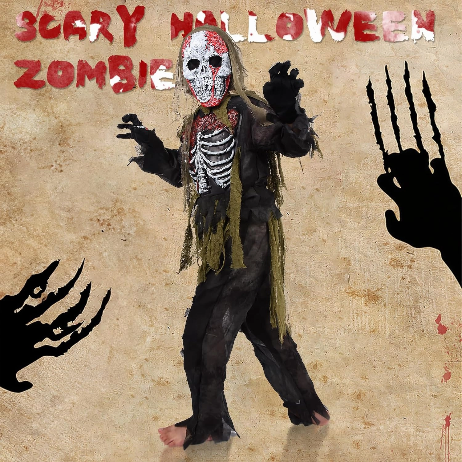 Zombie Costume Kids, Scary Halloween Skeleton Zombie Costume Set Kids Living Dead Zombie Costume With Chainsaw Toys